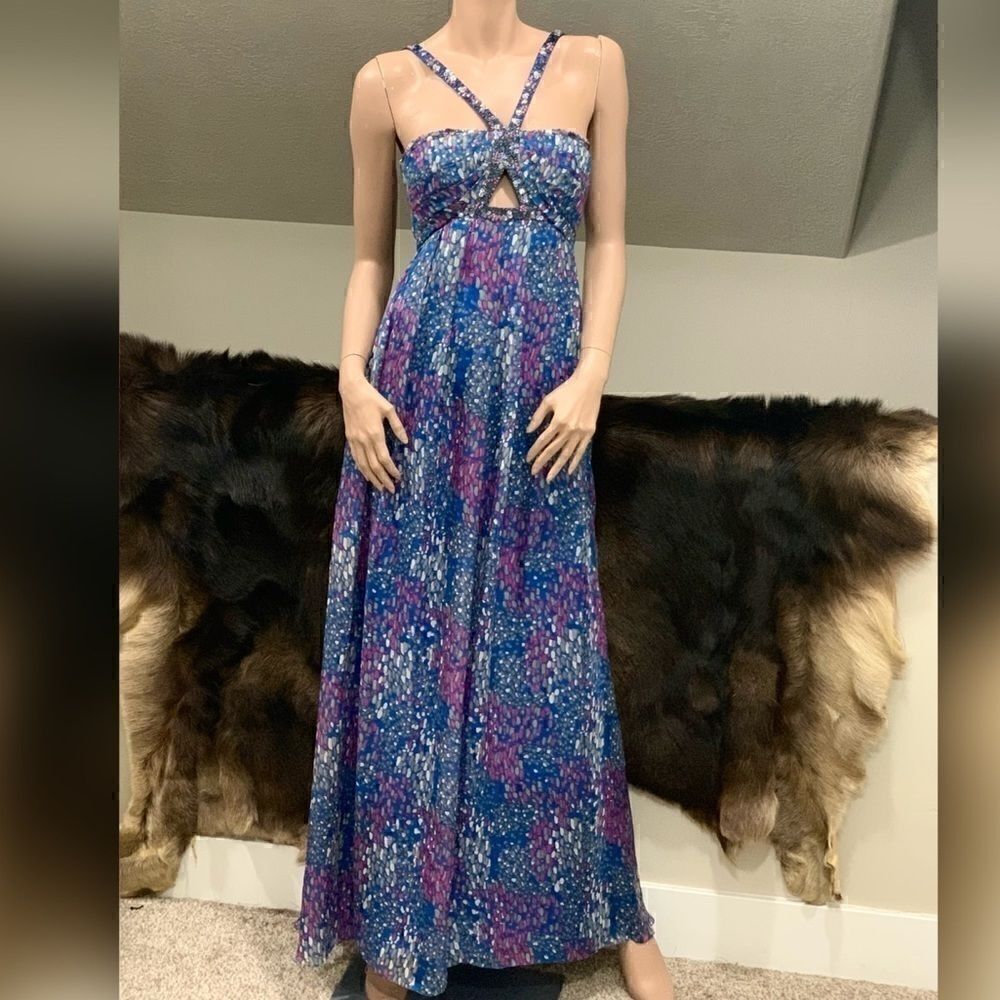 New Cross- Back Beaded Floral-print Chiffon Gown